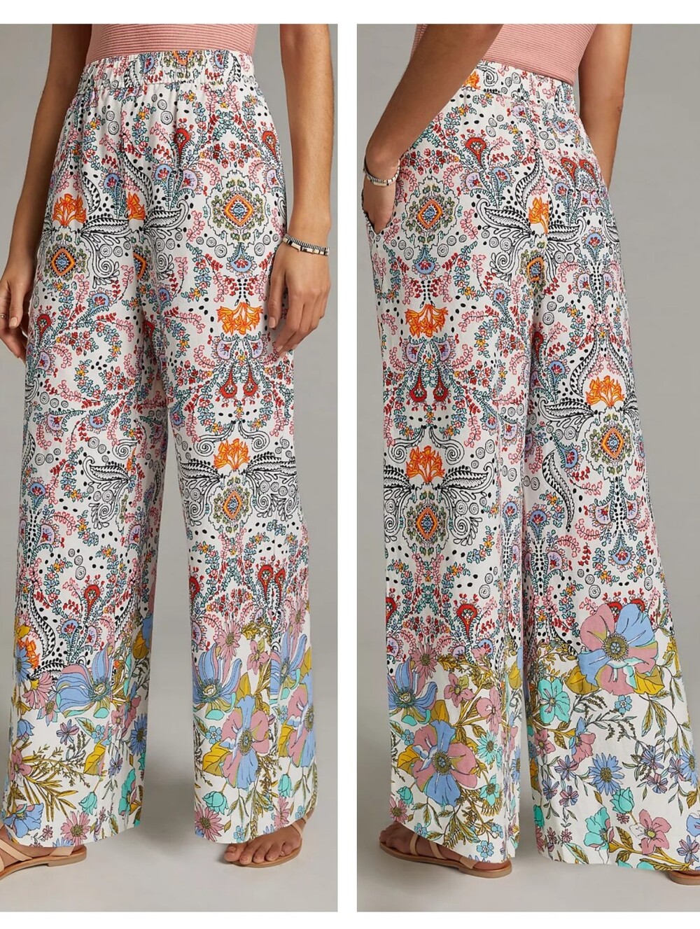 Anthropologie Maeve Printed Wide-Leg Linen Blend Trousers Size XL